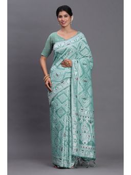 Mysilklove - Myrtle Green Linen Cotton Saree with Unstitched Blouse