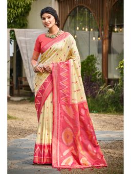 Mysilklove - Latte Cream Ikkat Soft Silk Saree with Unstitched Blouse