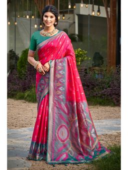 Mysilklove - Rouge Pink Ikkat Soft Silk Saree with Unstitched Blouse