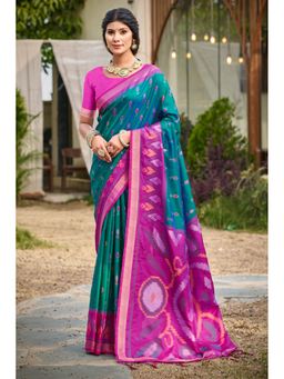 Mysilklove - Dodger Blue Ikkat Soft Silk Saree with Unstitched Blouse
