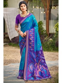 Mysilklove - Lapis Blue Ikkat Soft Silk Saree with Unstitched Blouse