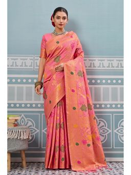 Mysilklove - Cherry Pink Woven Banarasi Saree with Unstitched Blouse