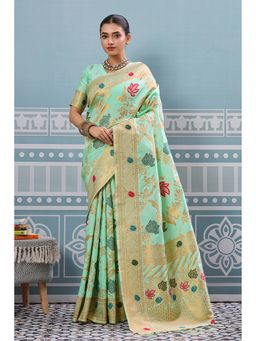 Mysilklove - Spring Green Woven Banarasi Saree with Unstitched Blouse