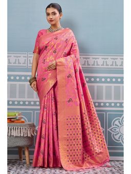 Mysilklove - Rose Pink Woven Banarasi Saree with Unstitched Blouse