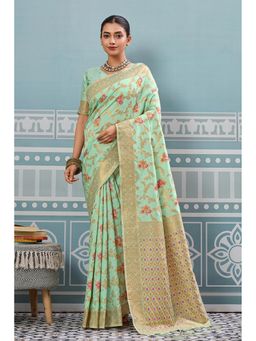 Mysilklove - Artichoke Green Woven Banarasi Saree with Unstitched Blouse