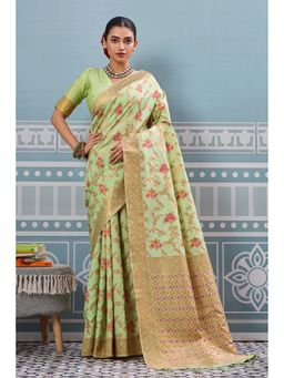 Mysilklove - Pista Green Woven Banarasi Saree with Unstitched Blouse