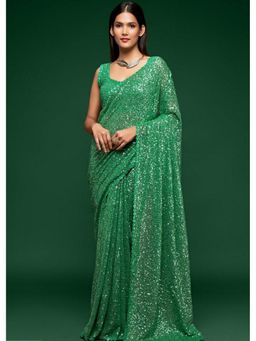 Mysilklove - Fruit Green Georgette Partywear Saree with Unstitched Blouse
