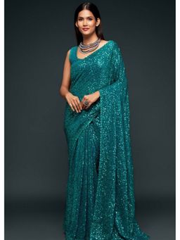 Mysilklove - Paradiso Blue Georgette Partywear Saree with Unstitched Blouse