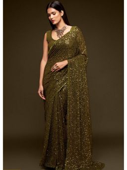 Mysilklove - Iroko Green Georgette Partywear Saree with Unstitched Blouse