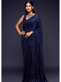 Mysilklove - Mirage Dark Blue Georgette Partywear Saree with Unstitched Blouse