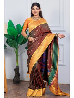 SGF11 - Women's Brown Kanjivaram Paithani Pure Soft Silk Saree with Unstitched Blouse