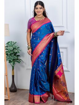 SGF11 - Women's Blue Kanjivaram Paithani Pure Soft Silk Saree with Unstitched Blouse