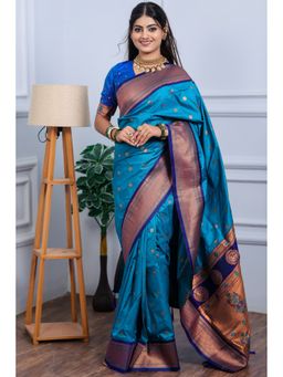 SGF11 - Women Blue Kanjivaram Paithani Pure Soft Silk Saree with Unstitched Blouse