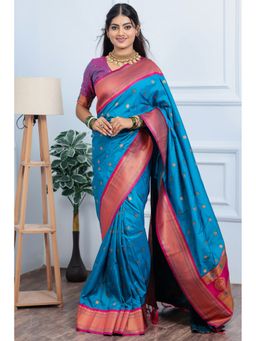 SGF11 - Women's Blue Kanjivaram Paithani Pure Soft Silk Saree with Unstitched Blouse