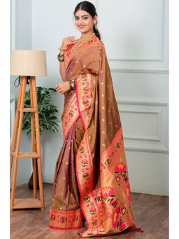 SGF11 - Brown Women's Kanjivaram Paithani Pure Soft Silk Saree with Unstitched Blouse