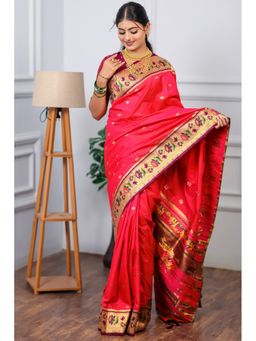 SGF11 - Women's Peach Kanjivaram Paithani Pure Soft Silk Saree with Unstitched Blouse
