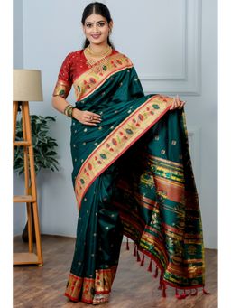 SGF11 - Teal Women's Kanjivaram Paithani Pure Soft Silk Saree with Unstitched Blouse