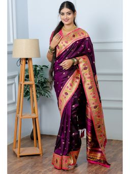 SGF11 - Wine Kanjivaram Paithani Pure Soft Silk Saree with Unstitched Blouse