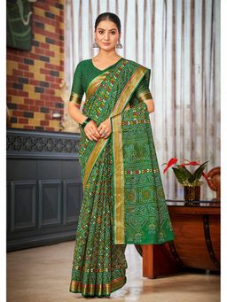 Anjaneya Sarees - Green Designer Cotton Silk Printed Saree with Unstitched Blouse