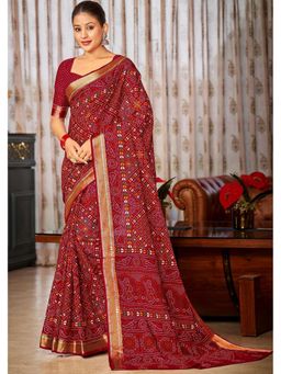 Anjaneya Sarees - Maroon Designer Cotton Silk Printed Saree with Unstitched Blouse