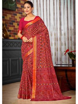 Anjaneya Sarees - Red Designer Cotton Silk Printed Saree with Unstitched Blouse