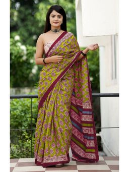 Anjaneya Sarees - Mustard Designer Cotton Silk Printed Saree with Unstitched Blouse