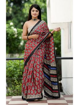 Anjaneya Sarees - Red Designer Cotton Silk Printed Saree with Unstitched Blouse