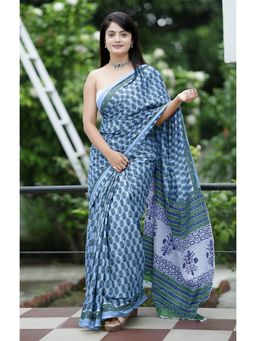 Anjaneya Sarees - Blue Designer Cotton Silk Printed Saree with Unstitched Blouse