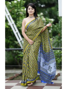 Anjaneya Sarees - Green Designer Cotton Silk Printed Saree with Unstitched Blouse