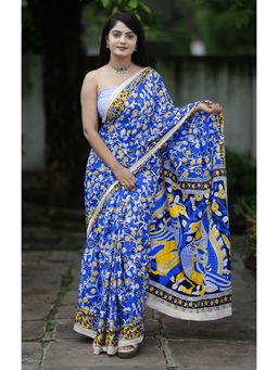 Anjaneya Sarees - Blue Designer Cotton Silk Printed Saree with Unstitched Blouse