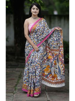 Anjaneya Sarees - Grey Designer Cotton Silk Printed Saree with Unstitched Blouse