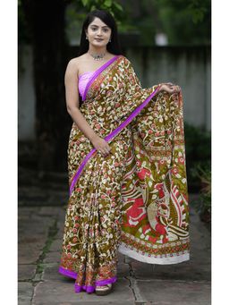 Anjaneya Sarees - Mustard Designer Cotton Silk Printed Saree with Unstitched Blouse
