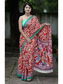 Anjaneya Sarees - Red Designer Cotton Silk Printed Saree with Unstitched Blouse