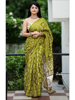 Anjaneya Sarees - Green Designer Cotton Silk Printed Saree with Unstitched Blouse