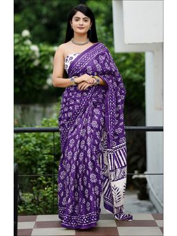 Anjaneya Sarees - Purple Designer Cotton Silk Printed Saree with Unstitched Blouse