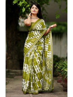 Anjaneya Sarees - Green Designer Cotton Silk Printed Saree with Unstitched Blouse