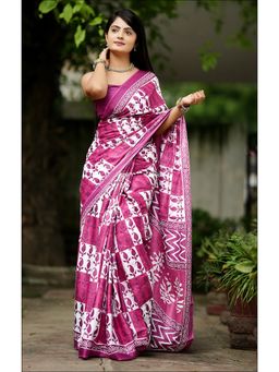 Anjaneya Sarees - Pink Designer Cotton Silk Printed Saree with Unstitched Blouse