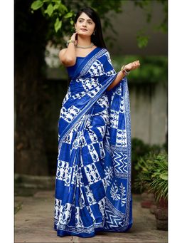 Anjaneya Sarees - Blue Designer Cotton Silk Printed Saree with Unstitched Blouse