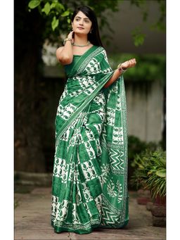 Anjaneya Sarees - Green Designer Cotton Silk Printed Saree with Unstitched Blouse