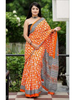 Anjaneya Sarees - Orange Designer Cotton Silk Printed Saree with Unstitched Blouse