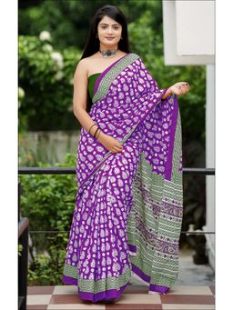 Anjaneya Sarees - Purple Designer Cotton Silk Printed Saree with Unstitched Blouse