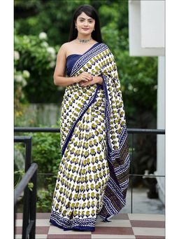 Anjaneya Sarees - Cream Designer Cotton Silk Printed Saree with Unstitched Blouse