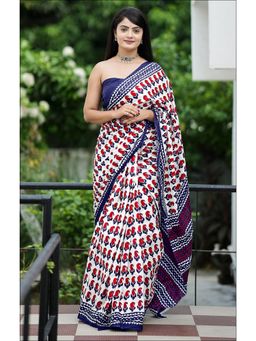 Anjaneya Sarees - White Designer Cotton Silk Printed Saree with Unstitched Blouse