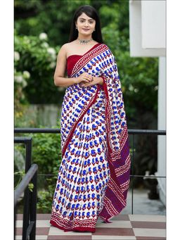 Anjaneya Sarees - White Designer Cotton Silk Printed Saree with Unstitched Blouse