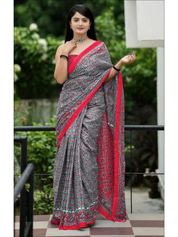 Anjaneya Sarees - Grey Designer Cotton Silk Printed Saree with Unstitched Blouse