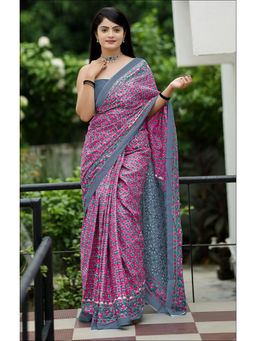 Anjaneya Sarees - Pink Designer Cotton Silk Printed Saree with Unstitched Blouse