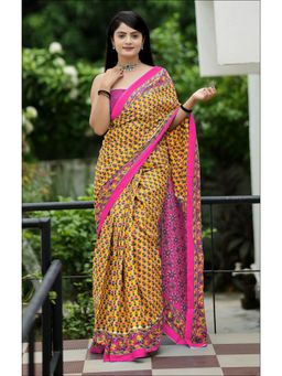 Anjaneya Sarees - Yellow Designer Cotton Silk Printed Saree with Unstitched Blouse