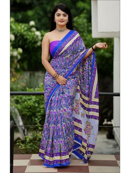 Anjaneya Sarees - Blue Designer Cotton Silk Printed Saree with Unstitched Blouse