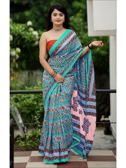 Anjaneya Sarees - Green Designer Cotton Silk Printed Saree with Unstitched Blouse