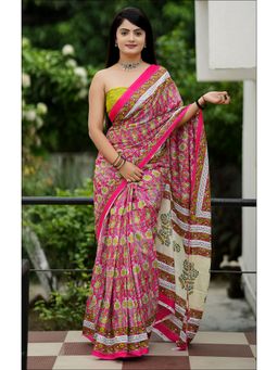 Anjaneya Sarees - Pink Designer Cotton Silk Printed Saree with Unstitched Blouse